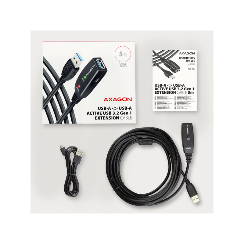 AXAGON ADR-305, USB 3.2 Gen 1 A-M → A-F aktívny predlžovací / repeater kábel, 5m