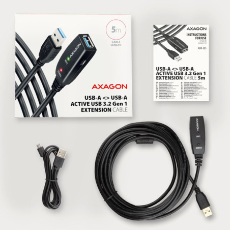 AXAGON ADR-305, USB 3.2 Gen 1 A-M → A-F aktívny predlžovací / repeater kábel, 5m