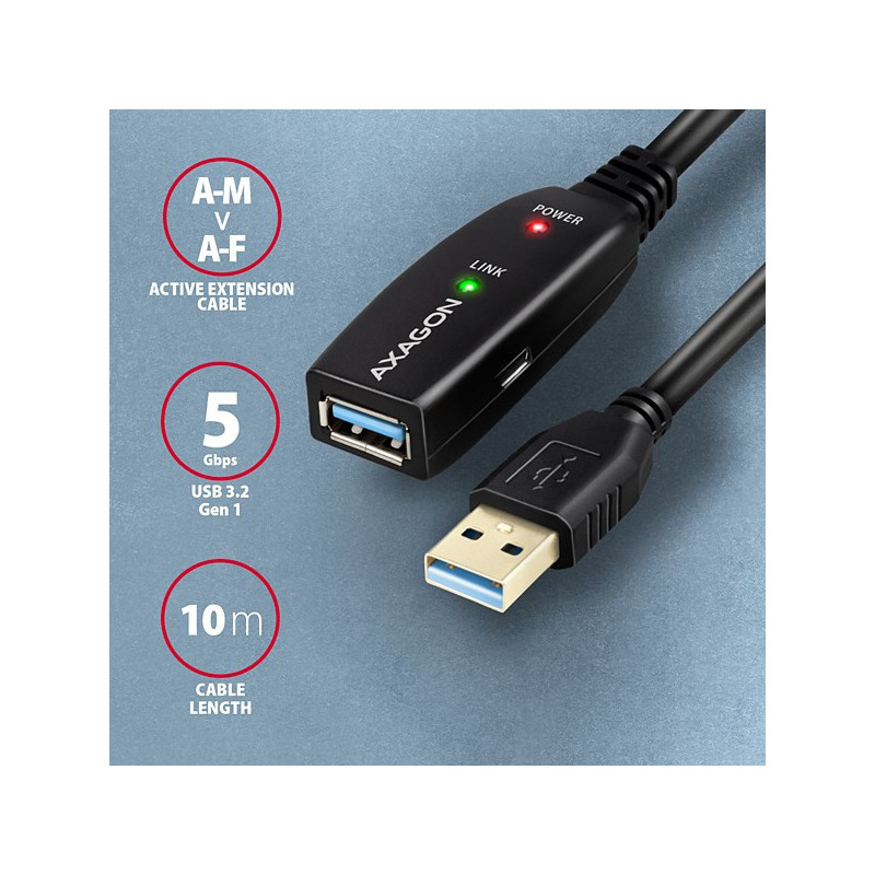 AXAGON ADR-310, USB 3.2 Gen 1 A-M → A-F aktívny predlžovací / repeater kábel, 10m