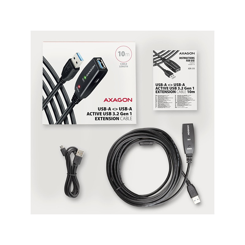 AXAGON ADR-310, USB 3.2 Gen 1 A-M → A-F aktívny predlžovací / repeater kábel, 10m