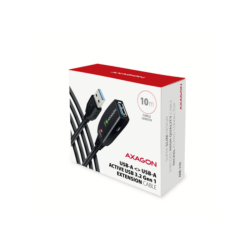 AXAGON ADR-310, USB 3.2 Gen 1 A-M → A-F aktívny predlžovací / repeater kábel, 10m