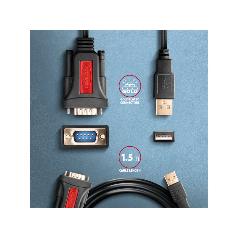 AXAGON ADS-1PSN, USB-A 2.0 - sériový RS-232 DB9-M Prolific adaptér / kábel 1.5m