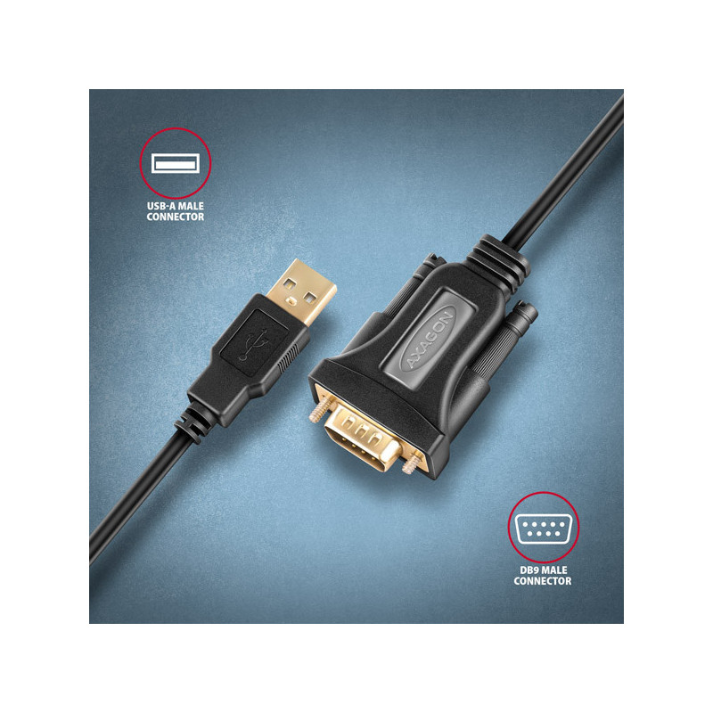 AXAGON ADS-1PQN, USB-A 2.0 - sériový RS-232 DB9-M FTDI adaptér / kábel 1.5m