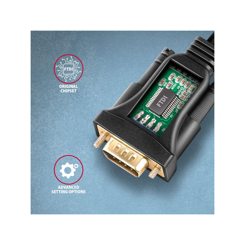 AXAGON ADS-1PQN, USB-A 2.0 - sériový RS-232 DB9-M FTDI adaptér / kábel 1.5m