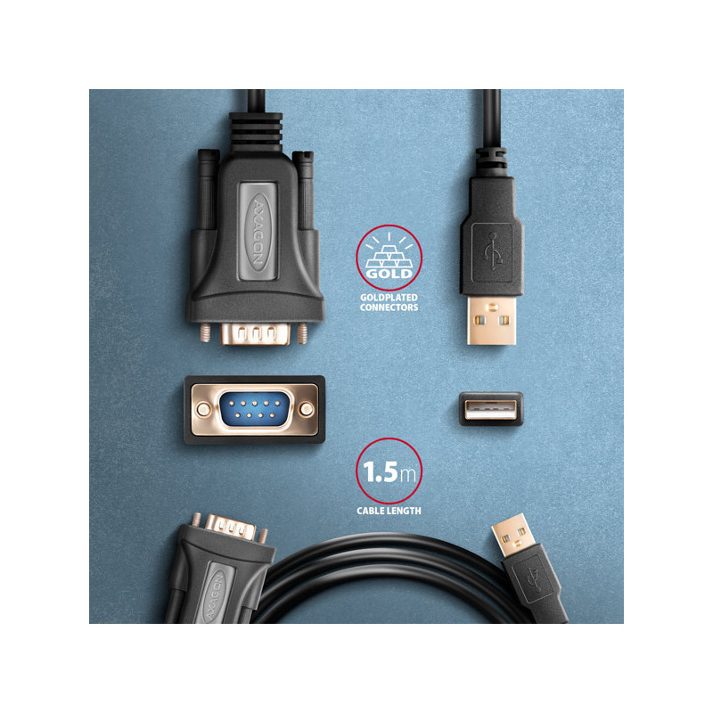 AXAGON ADS-1PQN, USB-A 2.0 - sériový RS-232 DB9-M FTDI adaptér / kábel 1.5m