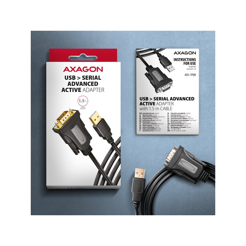 AXAGON ADS-1PQN, USB-A 2.0 - sériový RS-232 DB9-M FTDI adaptér / kábel 1.5m