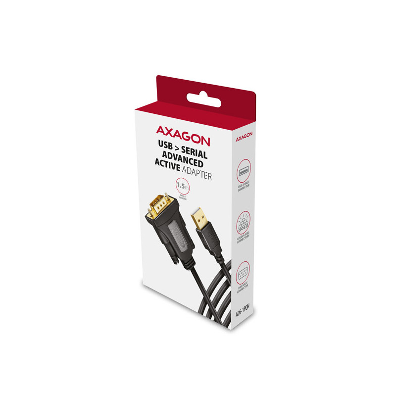 AXAGON ADS-1PQN, USB-A 2.0 - sériový RS-232 DB9-M FTDI adaptér / kábel 1.5m