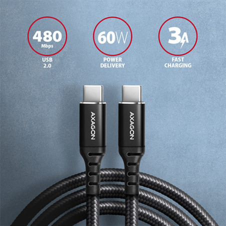 AXAGON BUCM-CM15AB, HQ kábel USB-C → USB-C, 1.5m, USB 2.0, PD 60W 3A, ALU, oplet, čierny