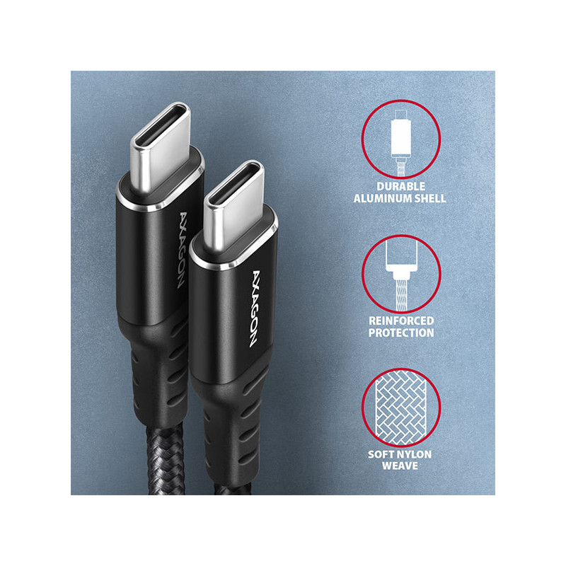 AXAGON BUCM-CM15AB, HQ kábel USB-C → USB-C, 1.5m, USB 2.0, PD 60W 3A, ALU, oplet, čierny