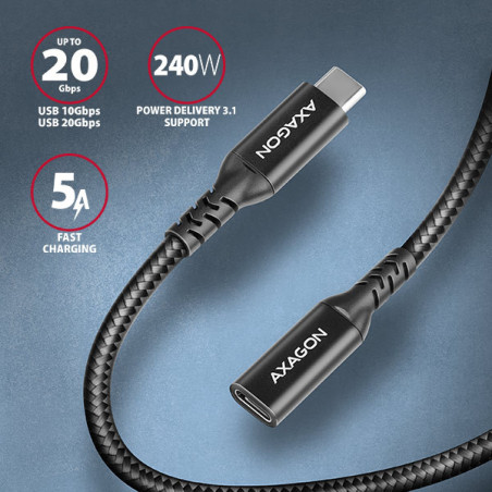 AXAGON BUCM32-CF15AB predlžovací kábel USB-C (M) → USB-C (F), 1.5m, USB 20Gbps, PD 240W ALU oplet