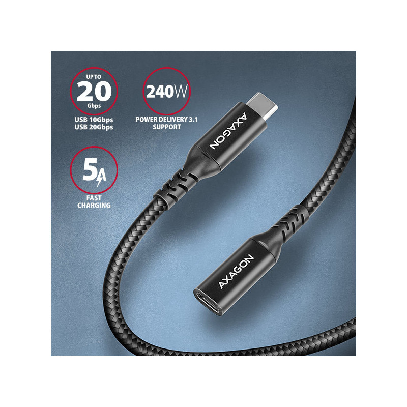 AXAGON BUCM32-CF10AB predlžovací kábel USB-C (M) → USB-C (F), 1m, USB 20Gbps, PD 240W, ALU, oplet
