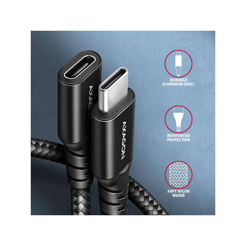 AXAGON BUCM32-CF10AB predlžovací kábel USB-C (M) → USB-C (F), 1m, USB 20Gbps, PD 240W, ALU, oplet