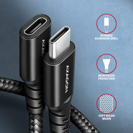 AXAGON BUCM32-CF10AB predlžovací kábel USB-C (M) → USB-C (F), 1m, USB 20Gbps, PD 240W, ALU, oplet