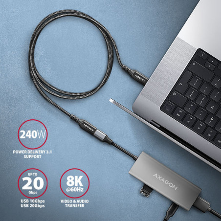 AXAGON BUCM32-CF10AB predlžovací kábel USB-C (M) → USB-C (F), 1m, USB 20Gbps, PD 240W, ALU, oplet