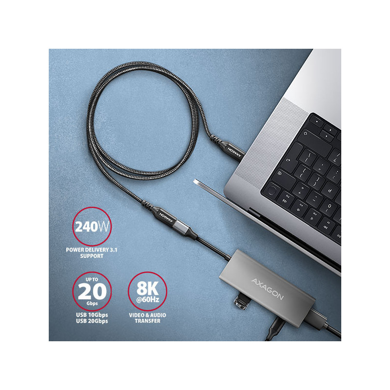 AXAGON BUCM32-CF05AB predlžovací kábel USB-C (M) → USB-C (F), 0.5m, USB 20Gbps, PD 240W ALU oplet
