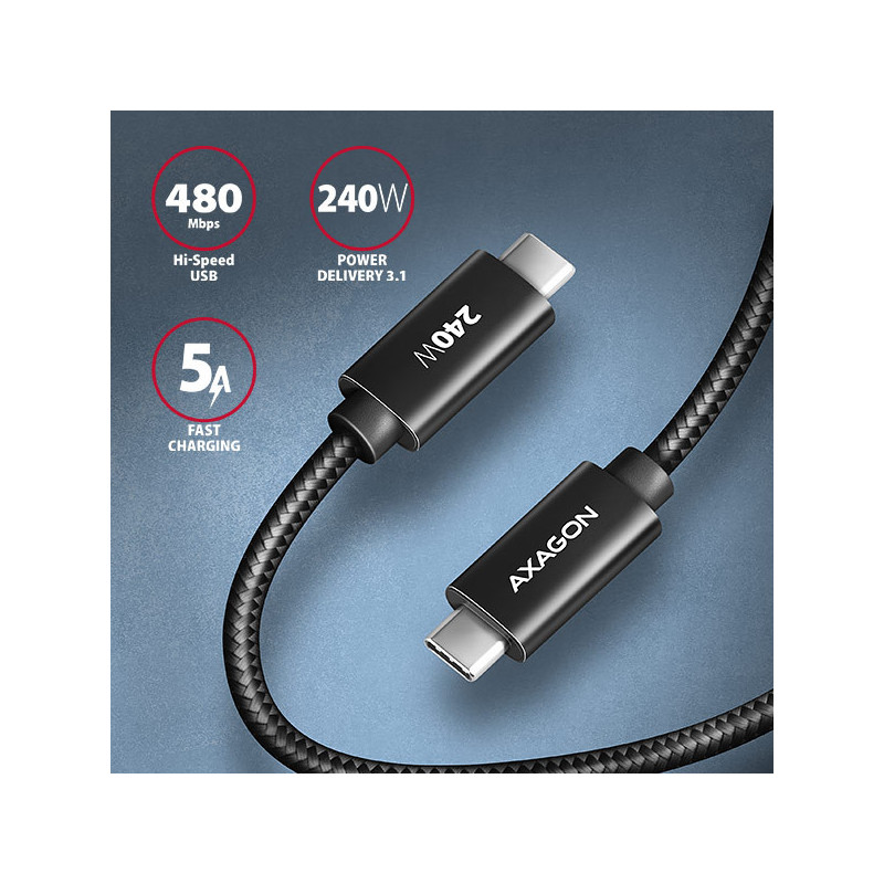 AXAGON BUCM2-CM30AB, CHARGE kábel USB-C → USB-C, 3m, Hi-Speed ??USB, PD 240W 5A, ALU, oplet, čierny