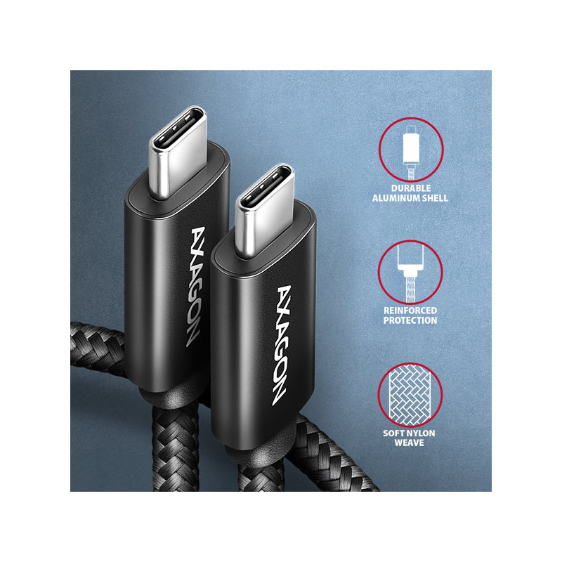 AXAGON BUCM2-CM25AB, CHARGE kábel USB-C → USB-C, 2.5m, Hi-Speed ??USB, PD 240W 5A, ALU, oplet, čierny