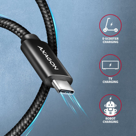 AXAGON BUCM2-CM25AB, CHARGE kábel USB-C → USB-C, 2.5m, Hi-Speed ??USB, PD 240W 5A, ALU, oplet, čierny