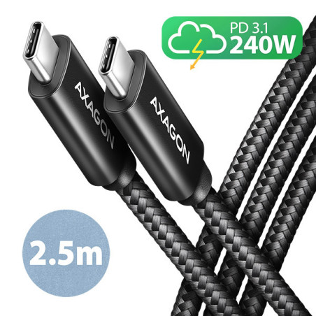 AXAGON BUCM2-CM25AB, CHARGE kábel USB-C → USB-C, 2.5m, Hi-Speed ??USB, PD 240W 5A, ALU, oplet, čierny