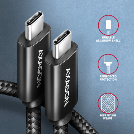 AXAGON BUCM2-CM20AB, CHARGE kábel USB-C → USB-C, 2m, Hi-Speed ??USB, PD 240W 5A, ALU, oplet, čierny