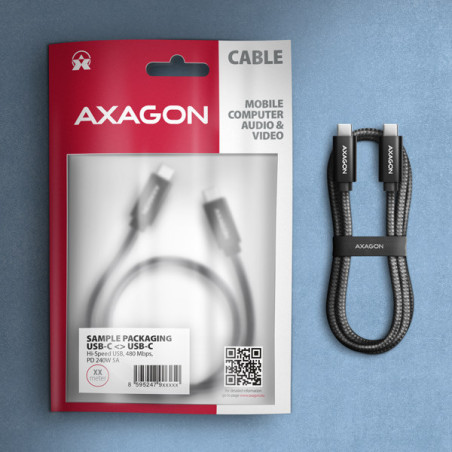 AXAGON BUCM2-CM20AB, CHARGE kábel USB-C → USB-C, 2m, Hi-Speed ??USB, PD 240W 5A, ALU, oplet, čierny