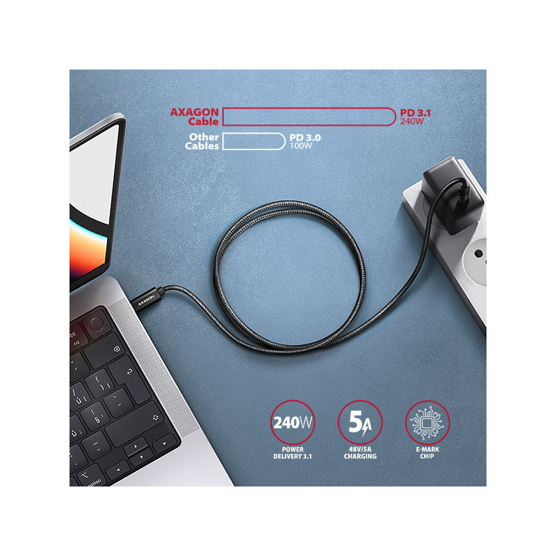 AXAGON BUCM2-CM15AB, CHARGE kábel USB-C → USB-C, 1.5m, Hi-Speed ??USB, PD 240W 5A, ALU, oplet, čierny
