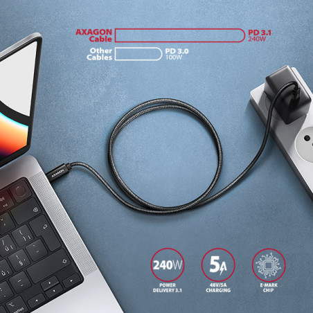 AXAGON BUCM2-CM15AB, CHARGE kábel USB-C → USB-C, 1.5m, Hi-Speed ??USB, PD 240W 5A, ALU, oplet, čierny