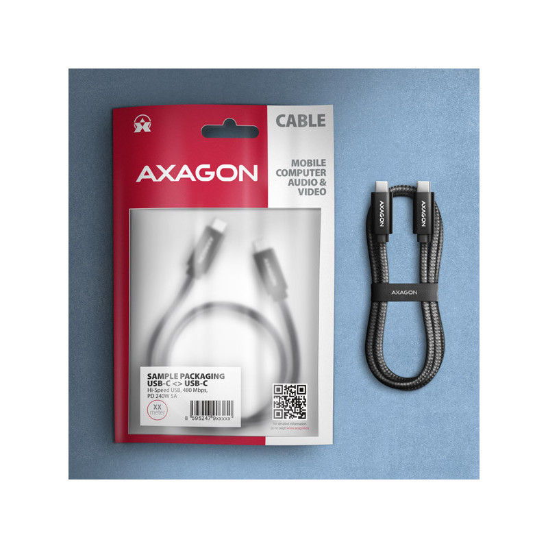 AXAGON BUCM2-CM15AB, CHARGE kábel USB-C → USB-C, 1.5m, Hi-Speed ??USB, PD 240W 5A, ALU, oplet, čierny