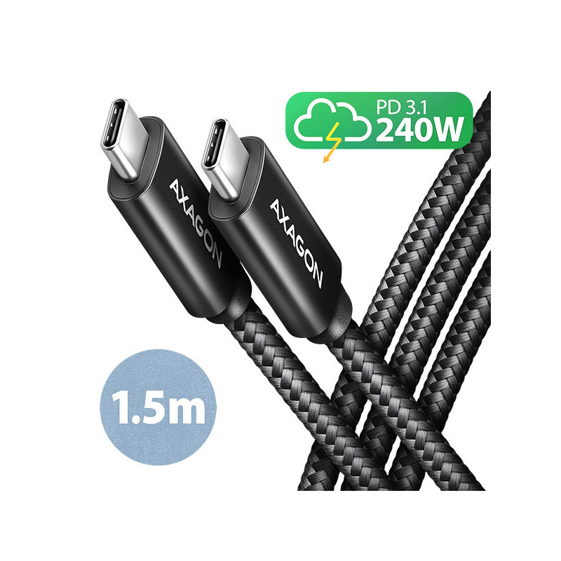 AXAGON BUCM2-CM15AB, CHARGE kábel USB-C → USB-C, 1.5m, Hi-Speed ??USB, PD 240W 5A, ALU, oplet, čierny