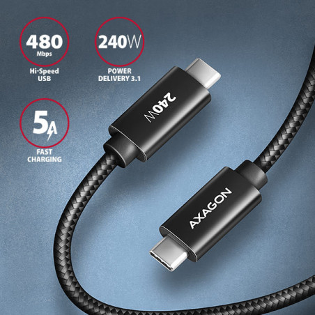 AXAGON BUCM2-CM10AB, CHARGE kábel USB-C → USB-C, 1m, Hi-Speed ??USB, PD 240W 5A, ALU, oplet, čierny