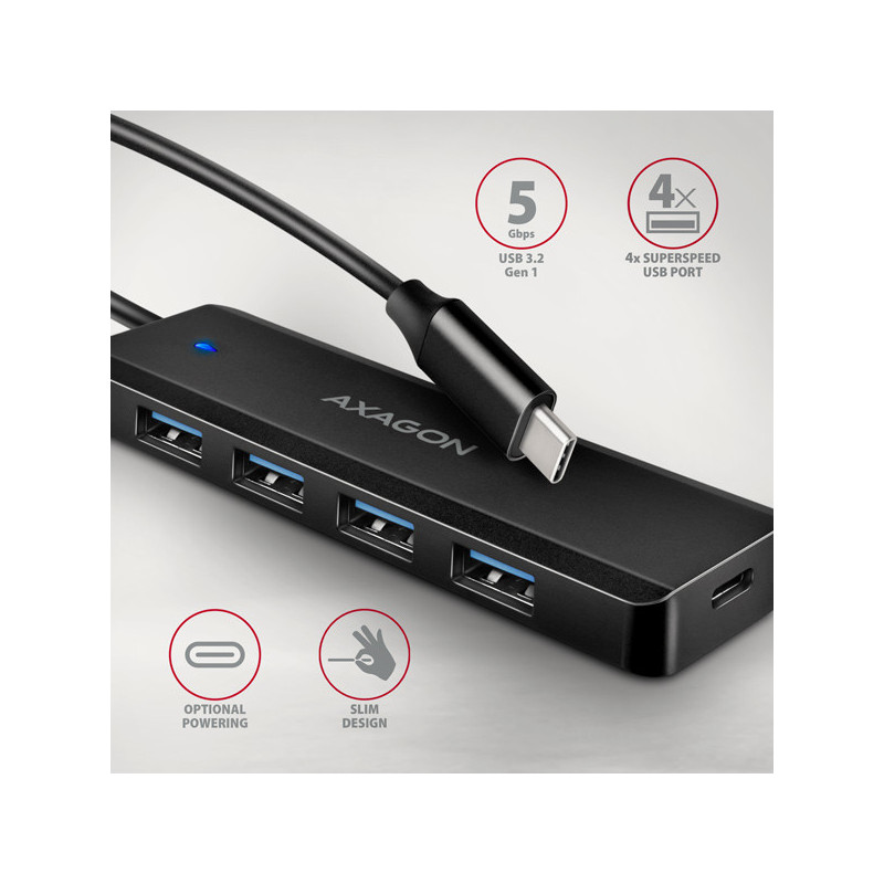 AXAGON HUE-C1C, 4x USB 5Gbps TRAVEL hub, USB-C napájací konektor, kábel USB-C 19cm