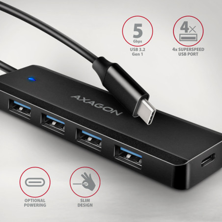 AXAGON HUE-C1C, 4x USB 5Gbps TRAVEL hub, USB-C napájací konektor, kábel USB-C 19cm