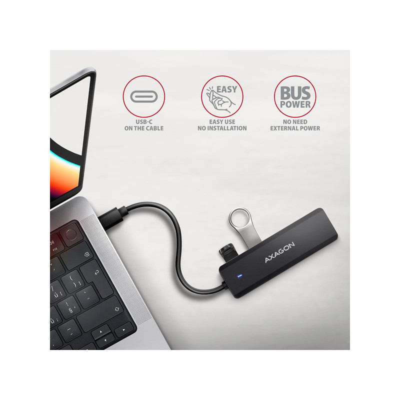 AXAGON HUE-C1C, 4x USB 5Gbps TRAVEL hub, USB-C napájací konektor, kábel USB-C 19cm