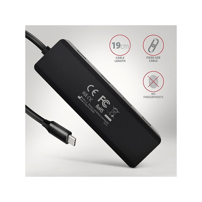 AXAGON HUE-C1C, 4x USB 5Gbps TRAVEL hub, USB-C napájací konektor, kábel USB-C 19cm