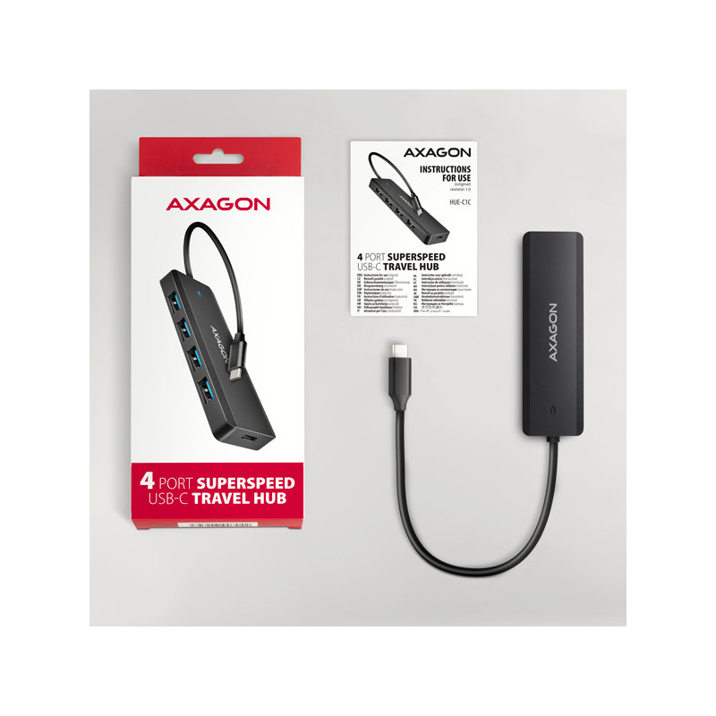 AXAGON HUE-C1C, 4x USB 5Gbps TRAVEL hub, USB-C napájací konektor, kábel USB-C 19cm