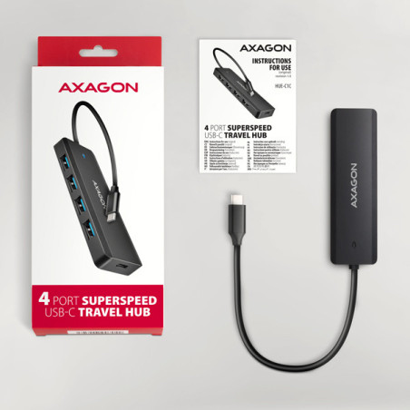 AXAGON HUE-C1C, 4x USB 5Gbps TRAVEL hub, USB-C napájací konektor, kábel USB-C 19cm