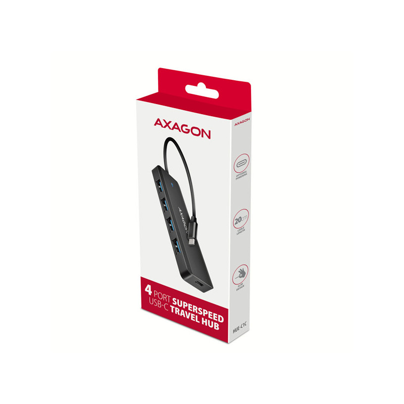 AXAGON HUE-C1C, 4x USB 5Gbps TRAVEL hub, USB-C napájací konektor, kábel USB-C 19cm