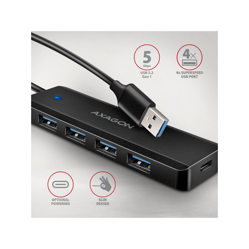 AXAGON HUE-C1A, 4x USB 5Gbps TRAVEL hub, USB-C napájací konektor, kábel USB-A 19cm