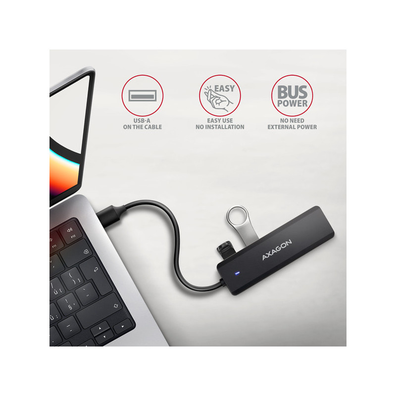 AXAGON HUE-C1A, 4x USB 5Gbps TRAVEL hub, USB-C napájací konektor, kábel USB-A 19cm