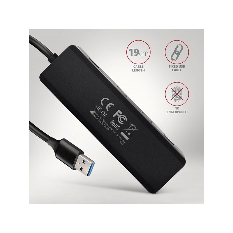 AXAGON HUE-C1A, 4x USB 5Gbps TRAVEL hub, USB-C napájací konektor, kábel USB-A 19cm