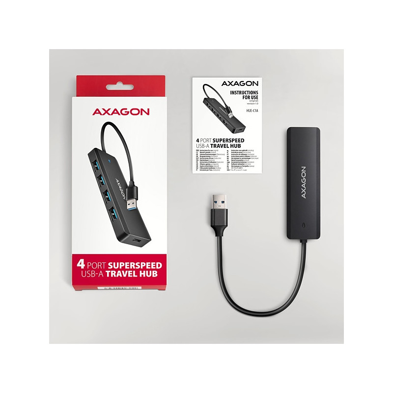 AXAGON HUE-C1A, 4x USB 5Gbps TRAVEL hub, USB-C napájací konektor, kábel USB-A 19cm