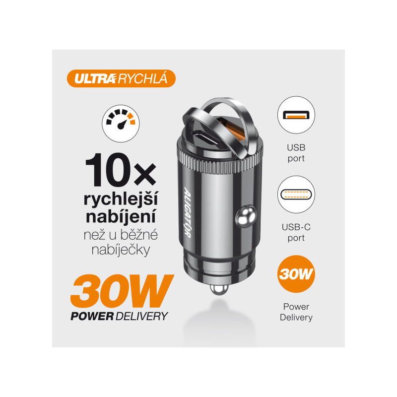 Aligator mini nabíjačka do auta Power Delivery 30W, USB-C + USB-A, USB-C/USB-C kábel