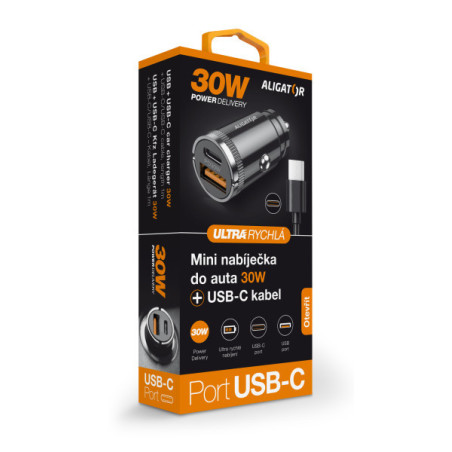 Aligator mini nabíjačka do auta Power Delivery 30W, USB-C + USB-A, USB-C/USB-C kábel