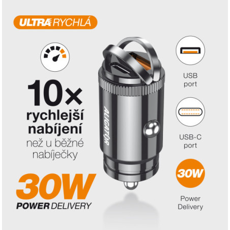 Aligator mini nabíjačka do auta Power Delivery 30W, USB-C + USB-A, USB-C kábel pre iPhone / iPad