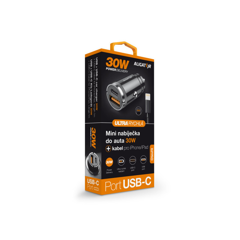 Aligator mini nabíjačka do auta Power Delivery 30W, USB-C + USB-A, USB-C kábel pre iPhone / iPad