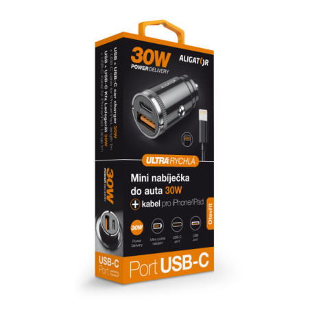 Aligator mini nabíjačka do auta Power Delivery 30W, USB-C + USB-A, USB-C kábel pre iPhone / iPad