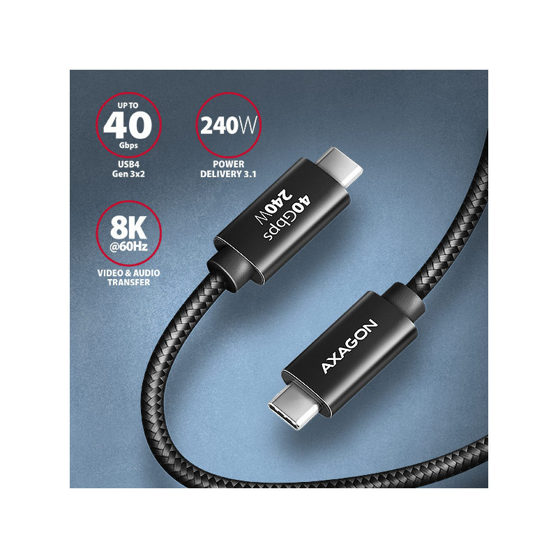 AXAGON BUCM4X-CM10AB NewGEN+ kábel USB-C → USB-C, 1m, USB4 Gen 3×2, PD 240W 5A, 8K HD, ALU, oplet