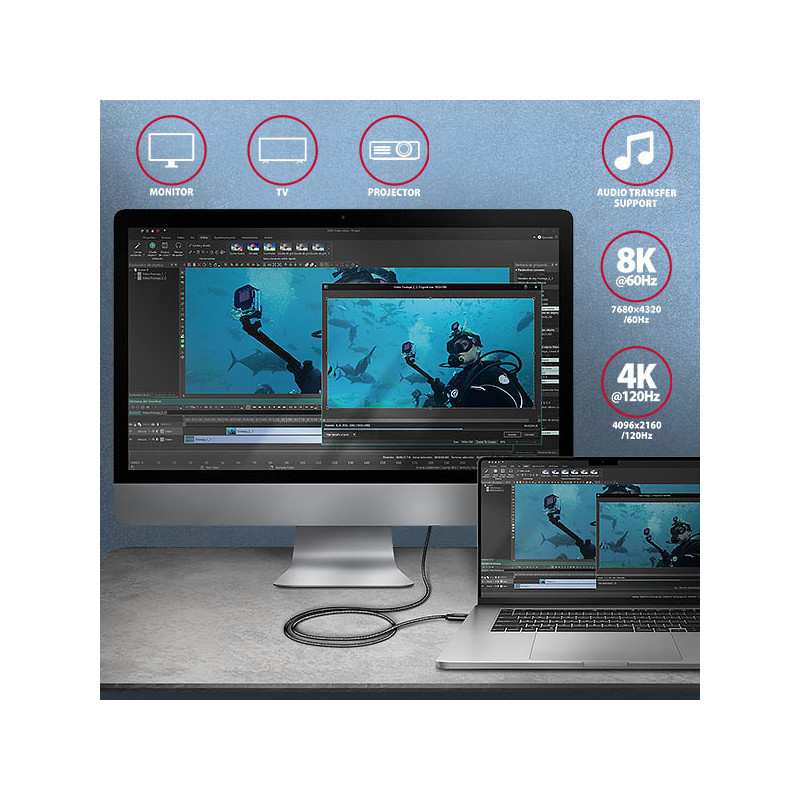 AXAGON BUCM4X-CM10AB NewGEN+ kábel USB-C → USB-C, 1m, USB4 Gen 3×2, PD 240W 5A, 8K HD, ALU, oplet