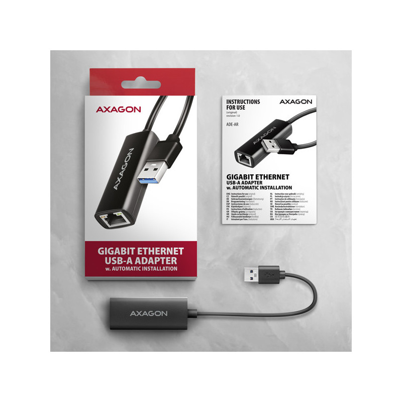 AXAGON ADE-AR, USB-A 3.2 Gen 1 - Gigabit Ethernet sieťová karta, Realtek 8153, auto inštal