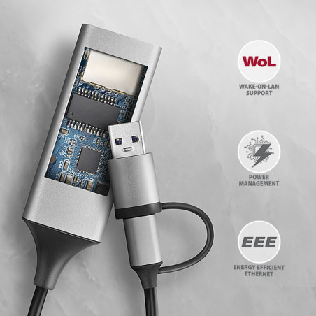 AXAGON ADE-TXCA, USB-C + USB-A 3.2 Gen 1 - Gigabit Ethernet sieťová karta, Asix AX88179, auto inštal